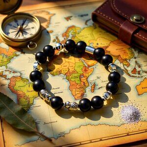 Black Stone Beaded Elephant Stretch Bracelet • Tribal Traveler Elephant Lover